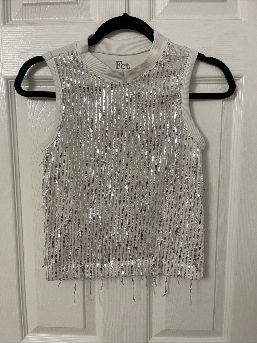 Fct Sleeveless Sequin Fringe Y2K Fourth of July Tank Top in Silver and White